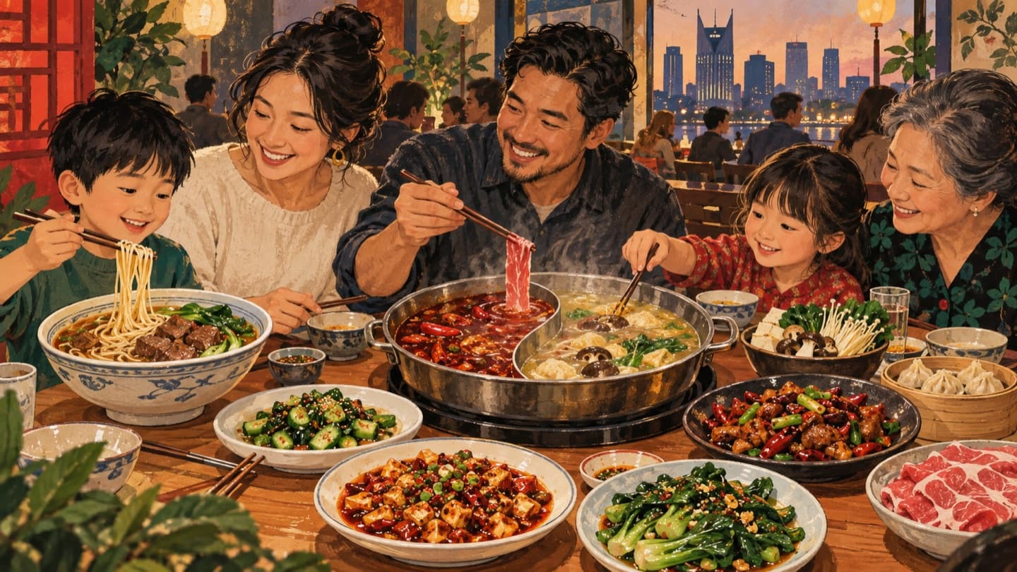 一家人围桌选择牛肉面、鸳鸯火锅和中式热菜的编辑插画