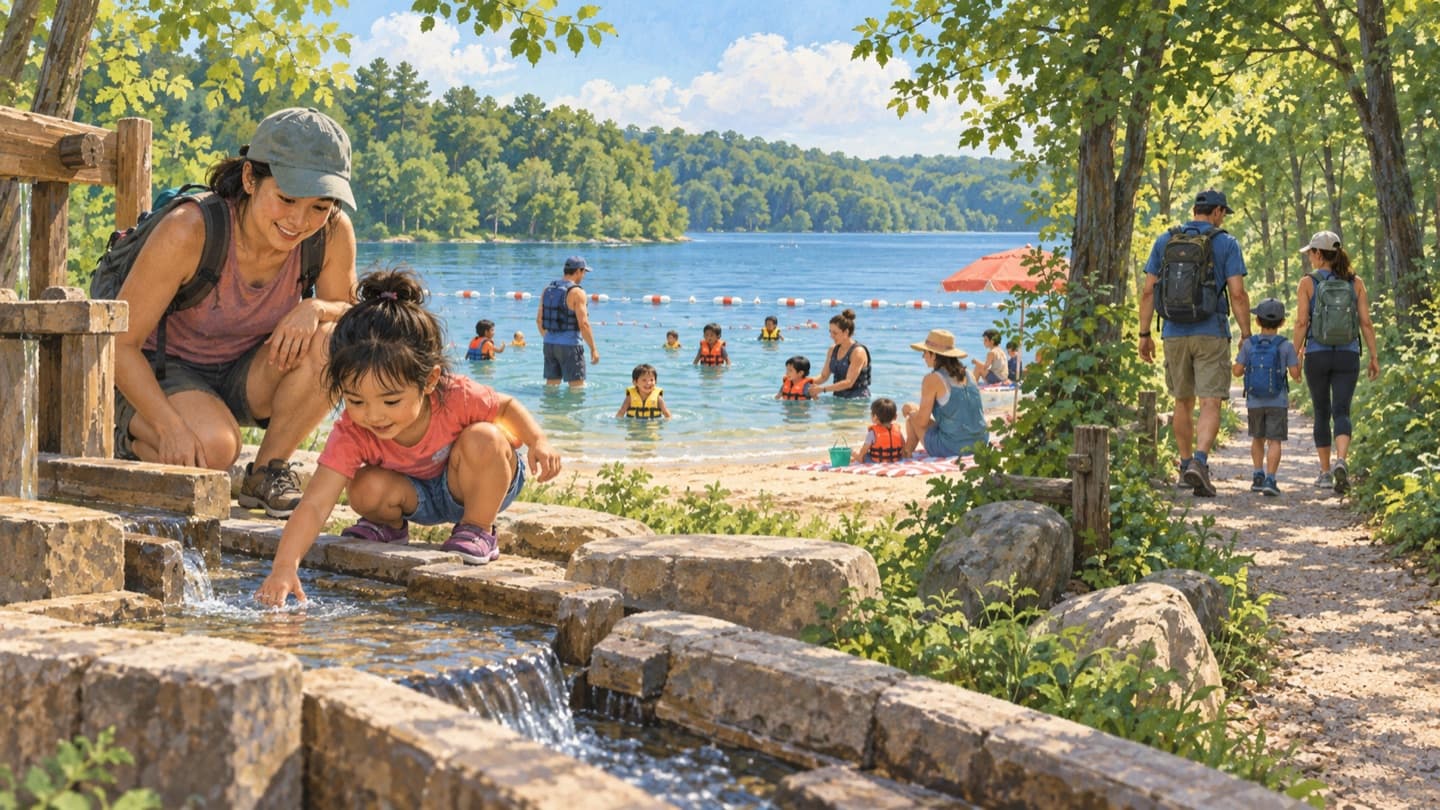 家长陪孩子在浅水自然游戏区探索,远处是指定湖滩和林间步道的编辑插画